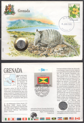 Восточные Карибы (Организация Восточно-карибских государств) 1 цент 1984 Гренада, в конверте с маркой (КПД - Конверт первого дня Гашения) KM 10 алюминий UNC 9001-52