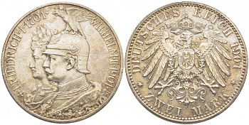 Пруссия 2 марки 1901 A, 200 лет Прусской королевской династии (Фридрих I - Вильгельм II) J.105, Weege 105, KM 525 серебро 272-1045