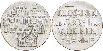 Финляндия 10 марок 1977 K-H, 60 лет независимости (1917-1977) KM 55 серебро UNC 1515-1421