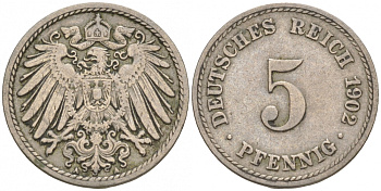 ГЕРМАНИЯ 5 ПФЕННИГОВ 1902 A, KM 11, J. 12 медно-никель 73-1523