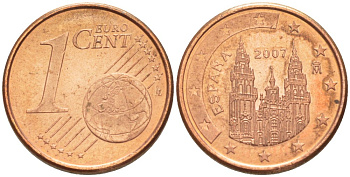 ИСПАНИЯ 1 ЕВРОЦЕНТ 2007 KM 1040 сталь плакированная медью 100-418