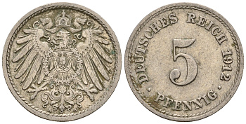 Германия 5 пфеннигов 1912 A, KM 11, J. 12 медно-никель 220-619