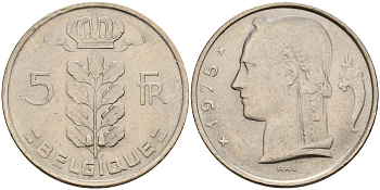 Бельгия 5 франков 1975 Belgique KM 134.1 медно-никель  UNC  4187-243