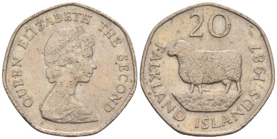 Фолклендские острова 20 пенсов 1987 Елизавета II (1952-2022), овца Ромни-марш KM 17 медно-никель 87-152