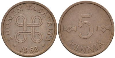 ФИНЛЯНДИЯ 5 ПЕННИ 1968 KM 45 медь 4549-427