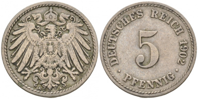 ГЕРМАНИЯ 5 ПФЕННИГОВ 1902 A, KM 11, J. 12 медно-никель 73-1523