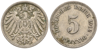 Германия 5 пфеннигов 1912 A, KM 11, J. 12 медно-никель 220-619