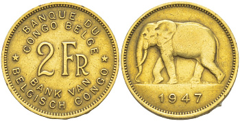 Бельгийское Конго 2 франка 1947 слон KM 28 латунь 4541-1034