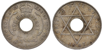 Британская Западная Африка 1/2 пенни 1947 KN, Георг VI KM 18 медно-никель 25-2246