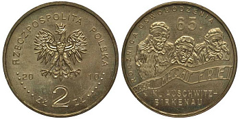 Польша 2 злотых 2010 MW, 65 лет освобождения концлагеря Аушвиц-Биркунау (Освенцим) KM 712 нордик UNC 4676-635