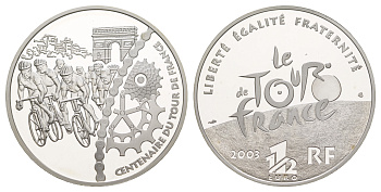 Франция 1 1/2 евро 2003 100 лет велогонкам Тур де Франс, велосипедисты и триумфальная арка KM 1322 серебро  PROOF  1-6-4-65