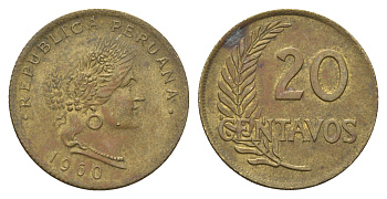Перу 20 сентаво 1960 KM 221b латунь 4663-327