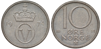 Норвегия 10 эре 1974 Улаф V (1958-1991) KM 416 медно-никель 62-1245