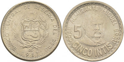 Перу 5 инти 1987 Мигель Грау KM 300 медно-никель UNC 181-934