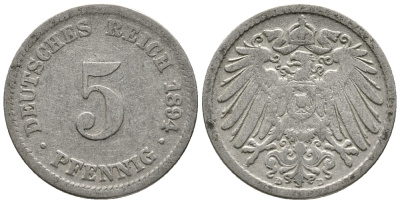 ГЕРМАНИЯ 5 ПФЕННИГОВ 1894 D KM 11, J. 12 медно-никель 39-662