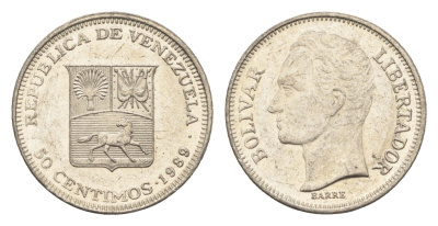 Венесуэла 50 сентимо 1989 Симон Боливар Y 41a сталь плакированная никелем 4664-225