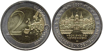 ФРГ 2 евро 2007 А, серия федеральные земли, Мекленбург-Передняя Померания, Шверинский замок KM 260 биметалл UNC 115-1216