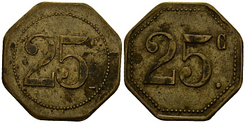 Франция 25 сантимов XIX-XX век ресторанный жетон латунь 4166-525