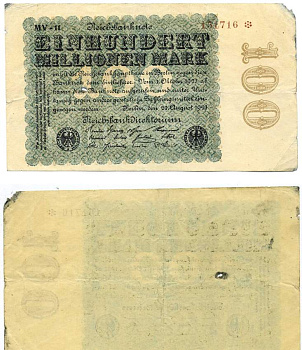 ГЕРМАНИЯ 100000000 МАРОК (100 МИЛЛИОНОВ) 1923 23 АВГУСТА 1923, 6 ЦИФР В НОМЕРЕ СЕРИИ, СЕРИЯ MV, СНЕЖИНКА, ВОДЯНОЙ ЗНАК Е, С/D В ЗВЁЗДАХ Pick 107, Розенберг 106l бумага 00-00