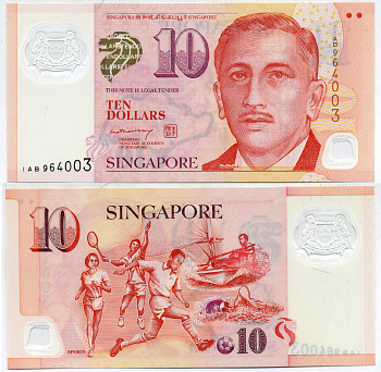 Сингапур 10 долларов 2005 спорт, футбол Pick 48 пластик UNC (пресс) 6289-42-1-1