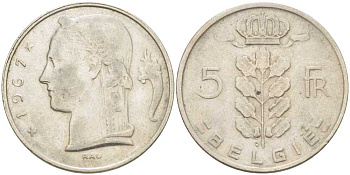 Бельгия 5 франков 1967 Belgie, Бодуэн I (1951-1993) KM 135.1 медно-никель 202-1211
