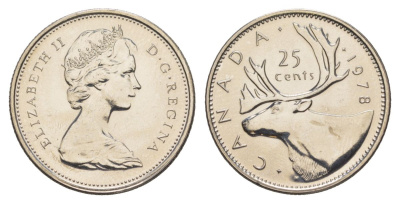 Канада 25 центов 1978 Елизавета II (1952-2022), олень KM 62b никель PROOF-LIKE (BU) 4631-932