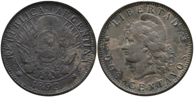 Аргентина 2 сентаво 1892 голова свободы влево KM 8 бронза 4531-1123