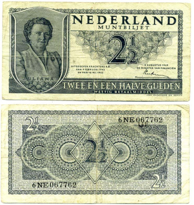 НИДЕРЛАНДЫ 2 1/2 ГУЛЬДЕНА 1945 Pick 71 бумага 6279-20-2-1