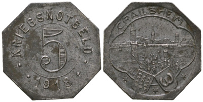 Крайльсхайм (Вюртемберг) 5 пфеннингов 1918 Funck 83.4, Men05 4675.1, Men18 5876.1 железо aUNC 4169-757