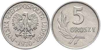 Польша 5 грошей 1970 MW  KM A46, Parchimowicz 204j алюминий 192-416