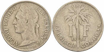 Бельгийское Конго 1 франк 1928 KM 21 медно-никель 175-1016