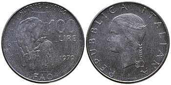 Италия 100 лир 1979 R, FAO, корова с теленком KM 106 нержавеющая сталь 3333-845