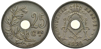 БЕЛЬГИЯ 25 САНТИМОВ 1926 BELGIE, АЛЬБЕРТ I (1909-1934) KM 69 медно-никель 27-932