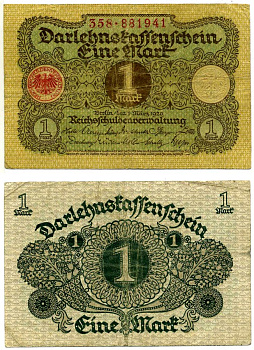 Германия 1 марка 1920 1 марта 1920, Веймарская республика, серия 358 Pick 58, Розенберг 64 бумага 2195-31-3-1