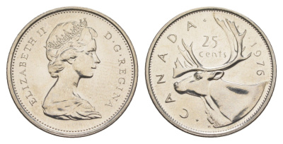 Канада 25 центов 1976 Елизавета II (1952-2022), олень KM 62b никель PROOF-LIKE (BU) 4631-924