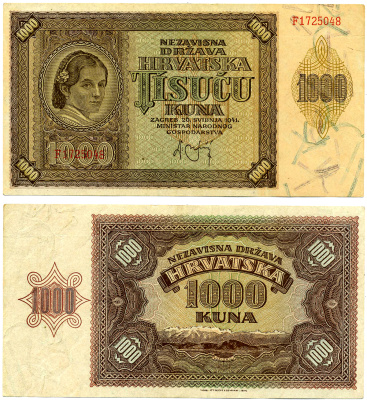Хорватия 1000 кун 1941 женщина, горы Велебит Pick 4 бумага   435-42-2-2