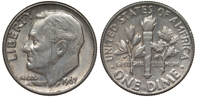 США 10 центов (дайм) 1967 Рузвельт KM 195а медь плакированная медно-никелем 4124-436