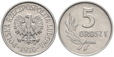Польша 5 грошей 1970 MW  KM A46, Parchimowicz 204j алюминий 192-416