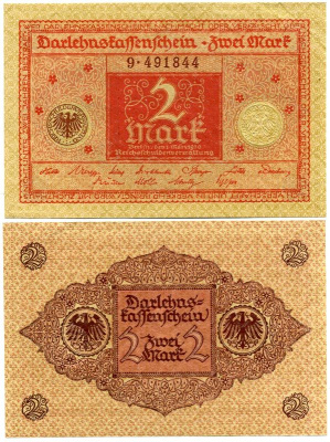 ГЕРМАНИЯ 2 МАРКИ 1920 1 МАРТА 1920, ВЕЙМАРСКАЯ РЕСПУБЛИКА, КРАСНАЯ, СЕРИЯ 9 Pick 59, Rosenberg 65b бумага 7523-1-3-2