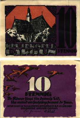 ДАРГУН 10 ПФЕННИГОВ 1921 НОТГЕЛЬД, 1922 - 31 ДЕКАБРЯ 1921, ЗЕМЛЯ МЕКЛЕНБУРГ-ПЕРЕДНЯЯ ПМЕРАНИЯ Grabowski 257.1 бумага 8608-8-3-2