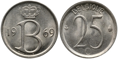 Бельгия 25 сантимов 1969 Belgique, Бодуэн I (1951-1993) KM 153.1 медно-никель 99-419
