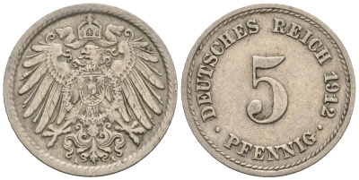 Германия 5 пфеннигов 1912 A, KM 11, J. 12 медно-никель 220-622