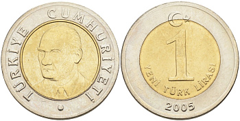 Турция 1 новая лира 2005 Кемаль Ататюрк KM 1169 биметалл UNC 4561-147