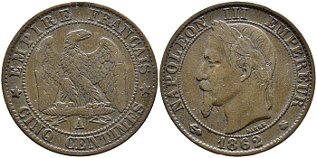 ФРАНЦИЯ 5 САНТИМОВ 1862 А, НАПОЛЕОН III (1852-1870) KM 797.1, LE FRANC 117.5 бронза 4393-334