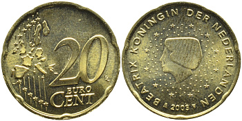 Нидерланды 20 евроцентов 2003 Беатрикс (1980-2013) KM 238 латунь UNC 4391-327