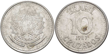Бразилия 10 крузадо 1987 реформа 1986-1989 KM 607 нержавеющая сталь 177-643