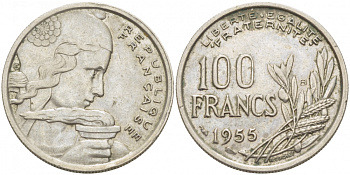 ФРАНЦИЯ 100 ФРАНКОВ 1955 В KM 919.2 медно-никель 77-931