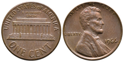 США 1 ЦЕНТ 1966 ЛИНКОЛЬН KM 201 медь цинк 4364-823