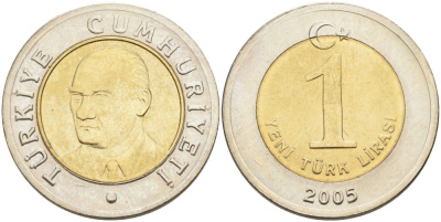 Турция 1 новая лира 2005 Кемаль Ататюрк KM 1169 биметалл UNC 4561-147
