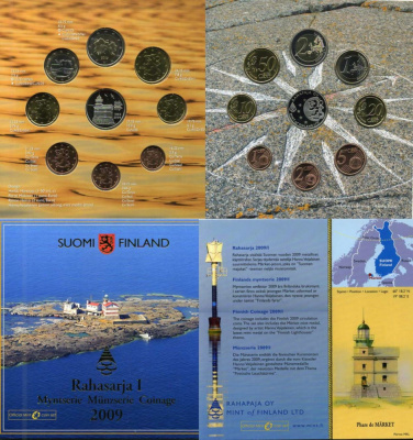 Финляндия евронабор из 8 монет + жетон 2009 маяки Скандинавии, MARKET (1885-2009), официальный набор в оригинальном буклете KM MS 98   UNC 6-5-1-03